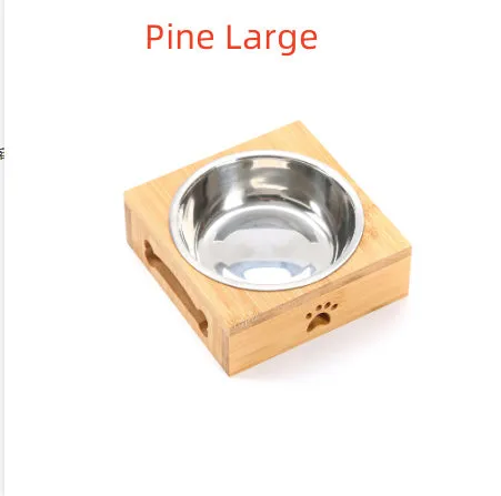 Solid wood pet dining table with stainless steel bowls in bamboo colour for elevated pet feeding