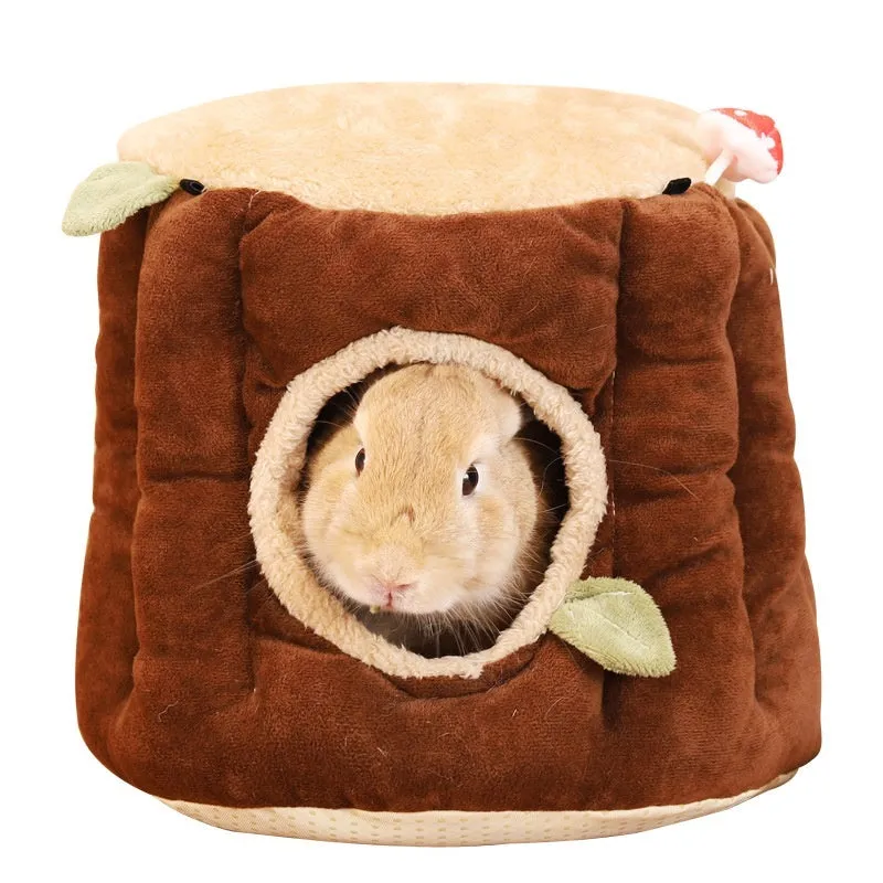 Brown cloth hanging stump nest for rabbits or small pets, shown in three size options S, M, L.