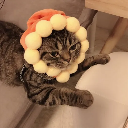 Embroidered cloth pet headgear with sunflower design for cat costume and dress-up occasions