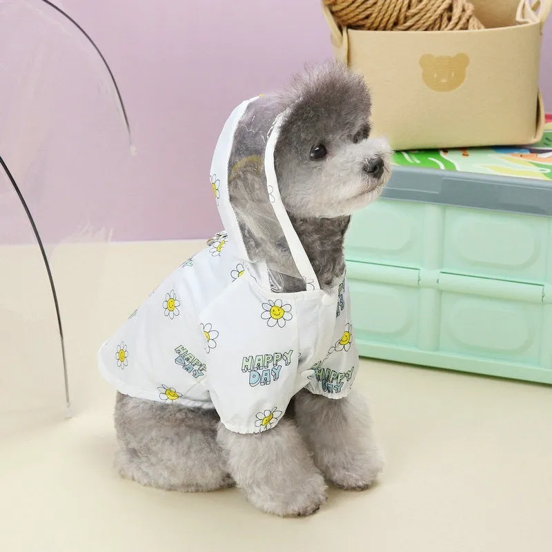Transparent dog raincoat with two feet coverage and pull ring closure in small flower pattern