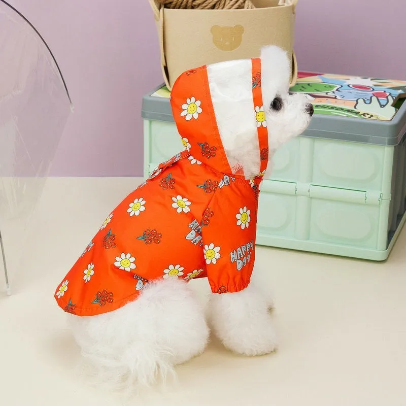 Transparent dog raincoat with two feet coverage and pull ring closure in small flower pattern