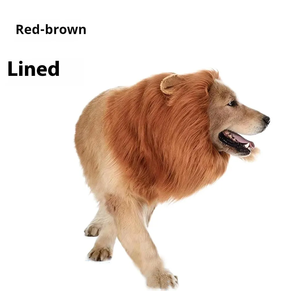 Dog wearing adjustable lion headdress costume with elastic band in light brown colour