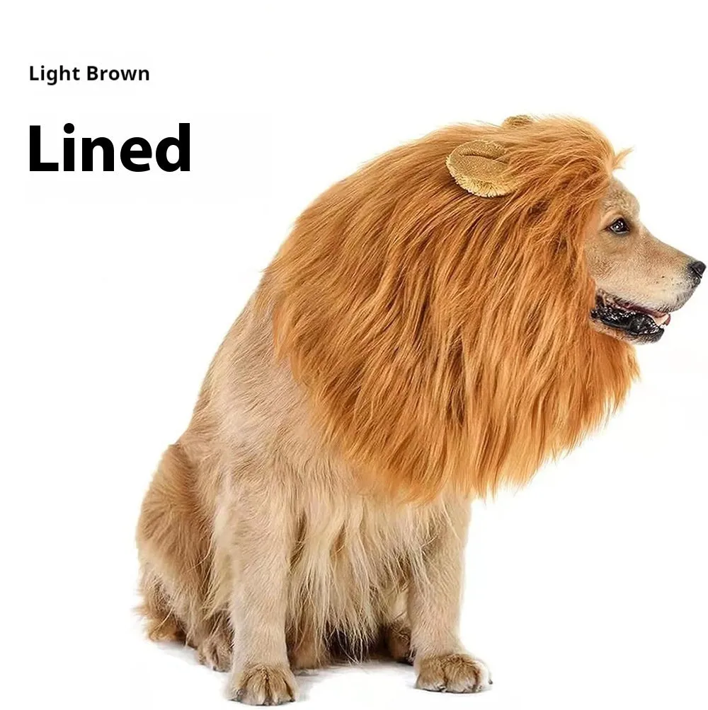 Dog wearing adjustable lion headdress costume with elastic band in light brown colour