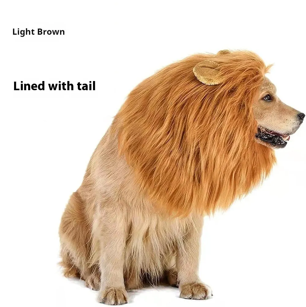 Dog wearing adjustable lion headdress costume with elastic band in light brown colour