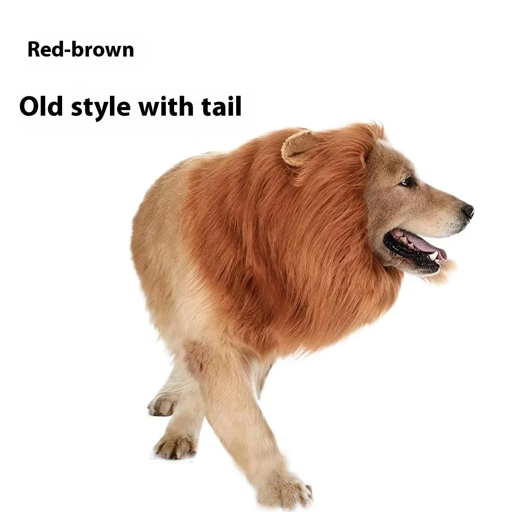 Dog wearing adjustable lion headdress costume with elastic band in light brown colour