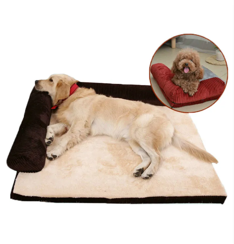 Corduroy dog sofa bed with bolster sides on a wooden floor, showing grey colour option in large size.