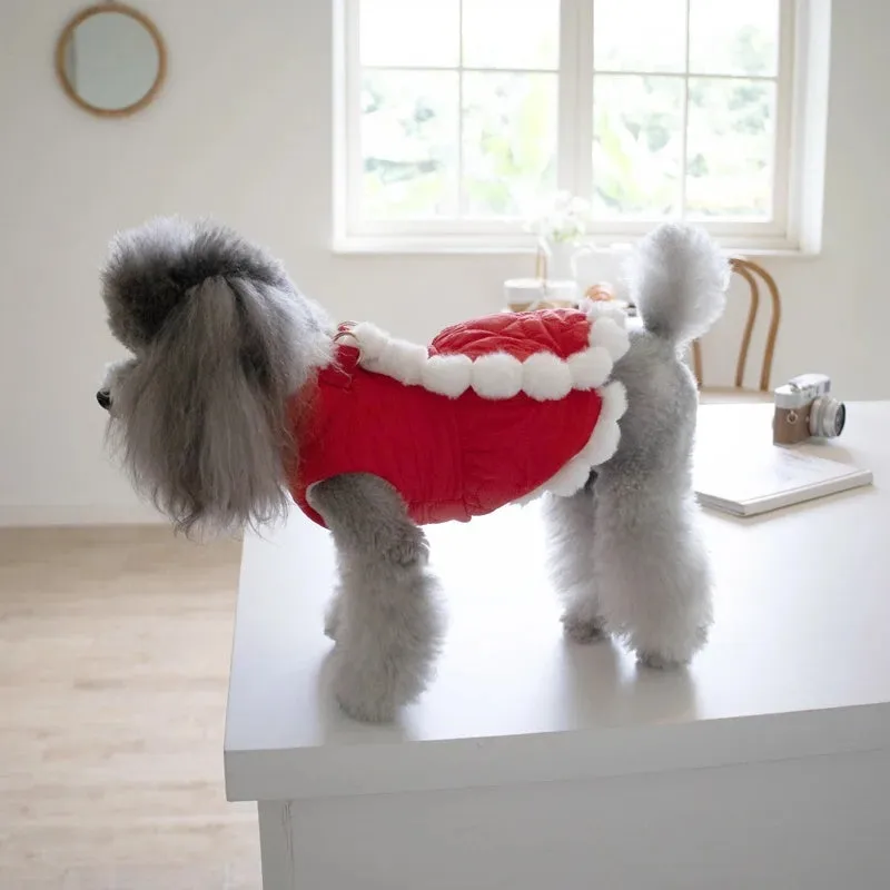 Red Chinese-style pet clothing with thick fur collar and knot detailing for dogs and cats