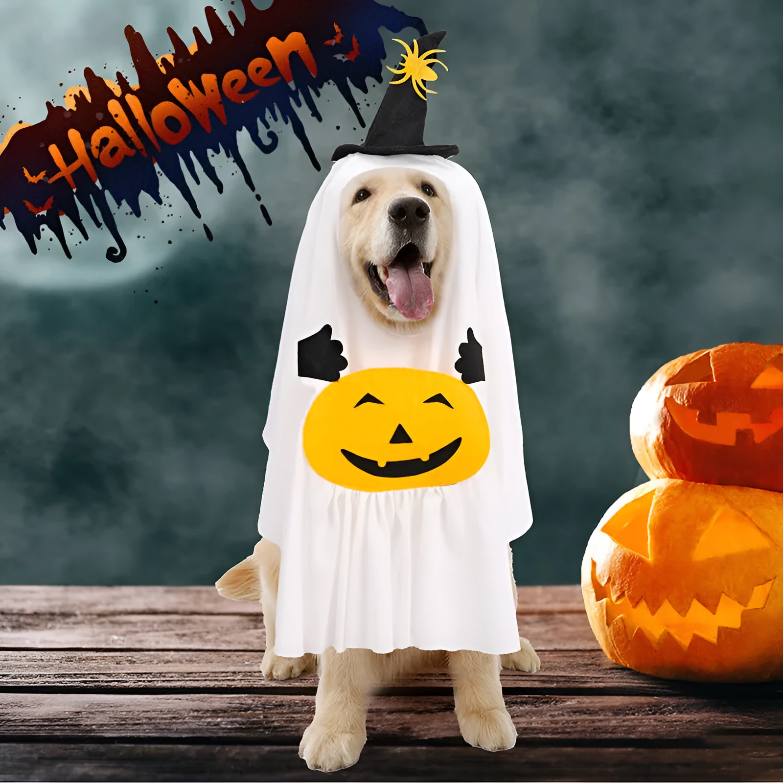 White pumpkin ghost dog costume suit for Halloween with viscose fabric in S M L sizes