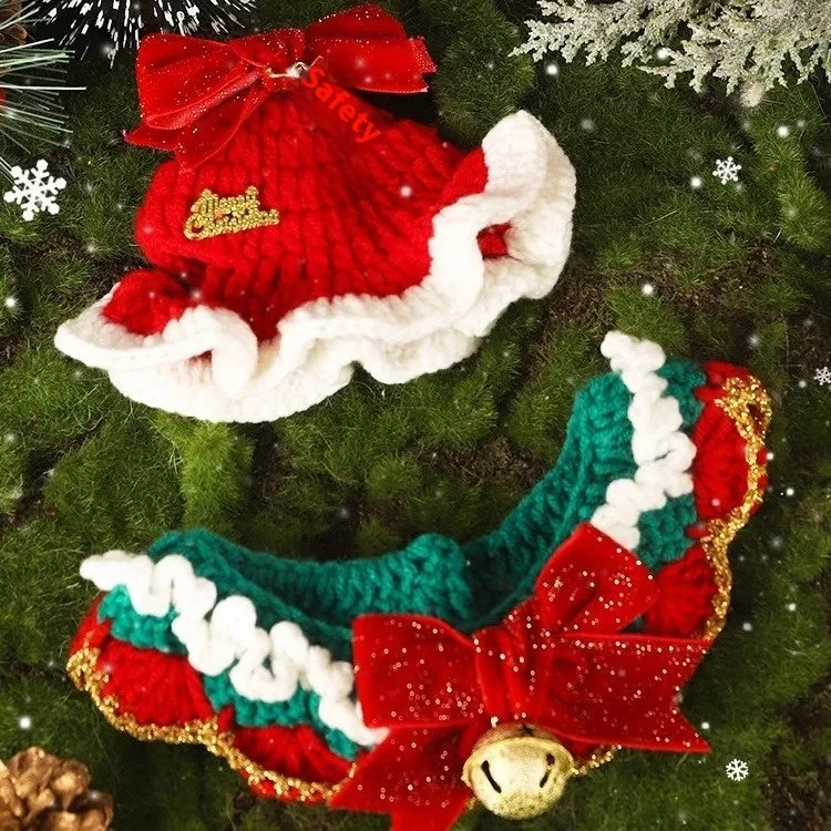 Christmas pet scarf wool accessory for dogs cats in festive patterns snowflake Santa Claus lucky deer