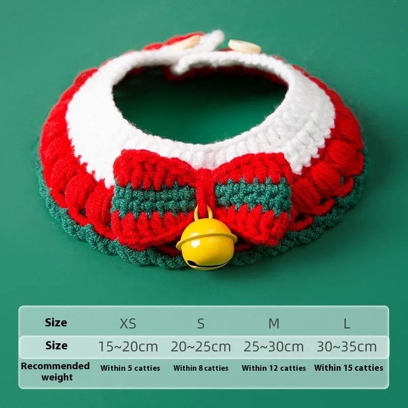 Hand knitted Christmas pet collar for cats made from milk cotton yarn with adjustable sizing and festive bow design