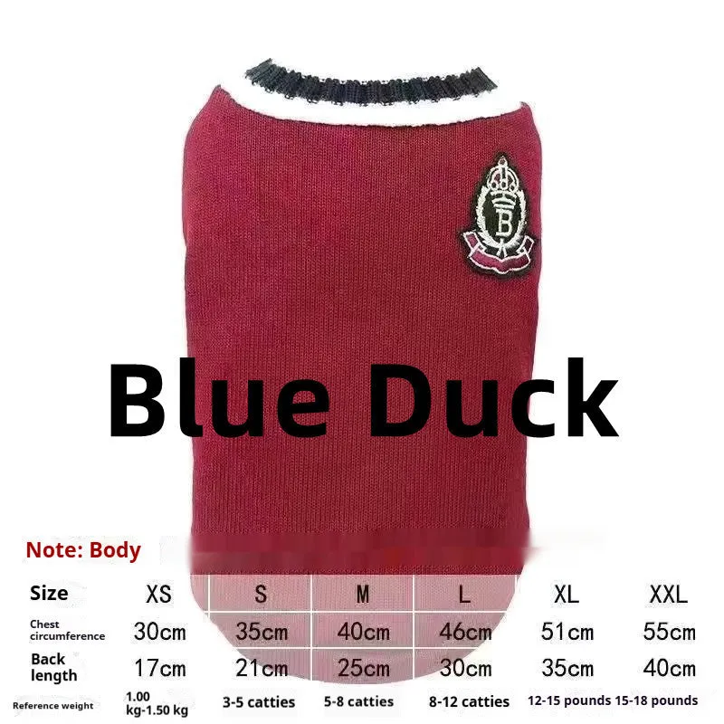 British Shorthair style cat winter clothes in blue duck colour showing gradual layer college design