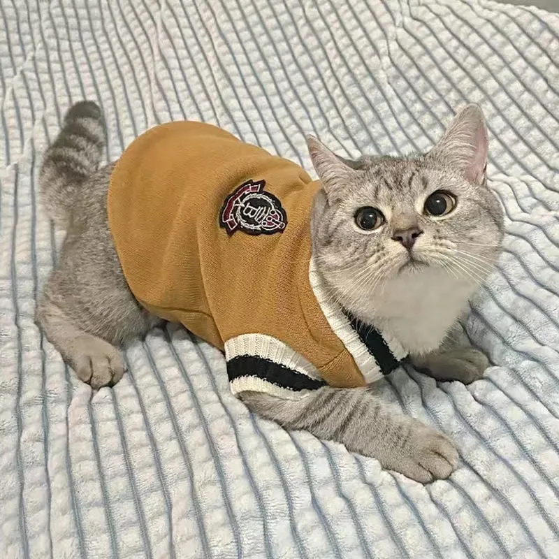 British Shorthair style cat winter clothes in blue duck colour showing gradual layer college design