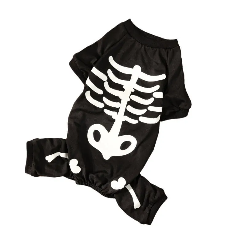 Halloween dog costume with luminous skull bones design on four-legged polyester garment
