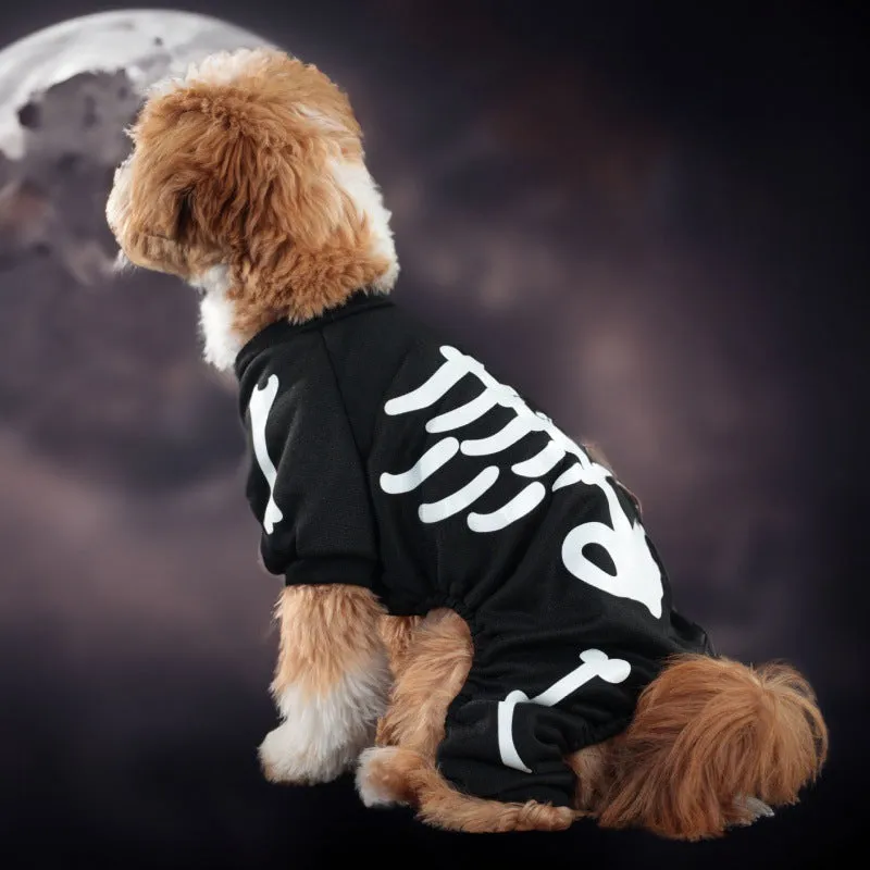 Halloween dog costume with luminous skull bones design on four-legged polyester garment