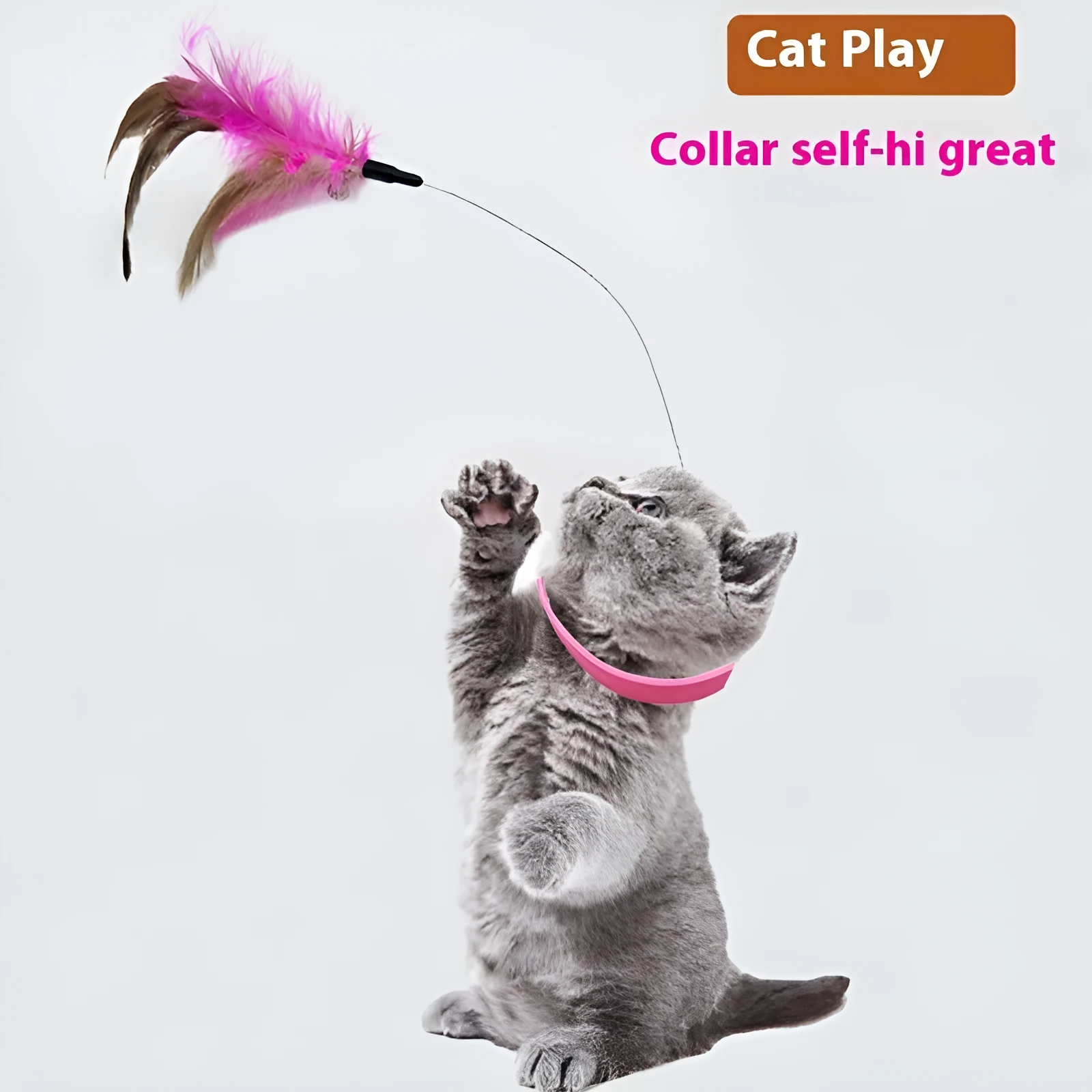 Adjustable cat collar toy with elastic feather teaser in pink or blue colour options