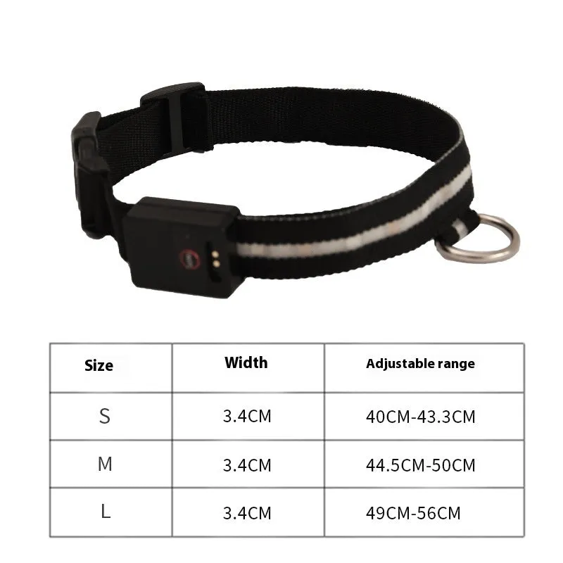 Black LED luminous dog collar and matching rope lead set for nighttime walking safety.