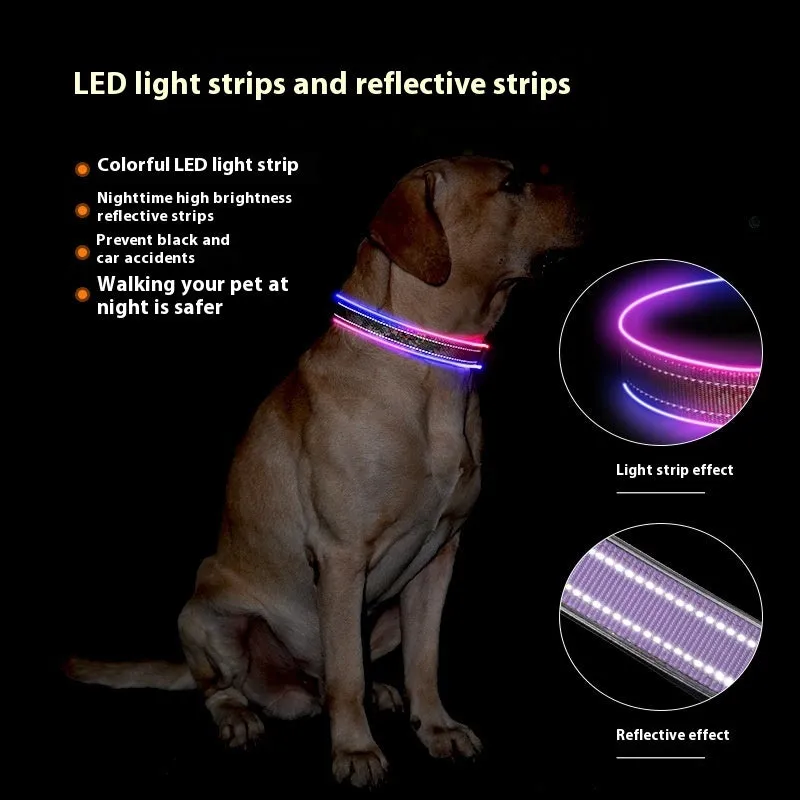 Blue and green plaid LED luminous reflective dog collar with USB charging capability