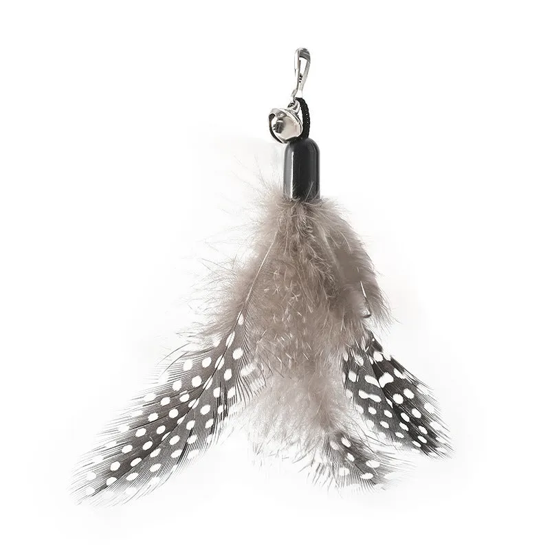 Wooden handle cat teasing stick with feather bell replacement head in choice of four colours