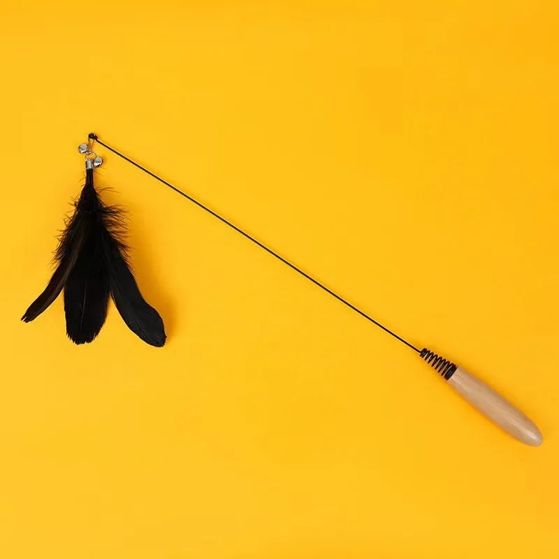 Wooden handle cat teasing stick with feather bell replacement head in choice of four colours