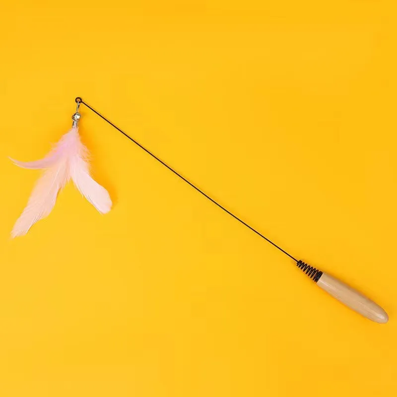 Wooden handle cat teasing stick with feather bell replacement head in choice of four colours
