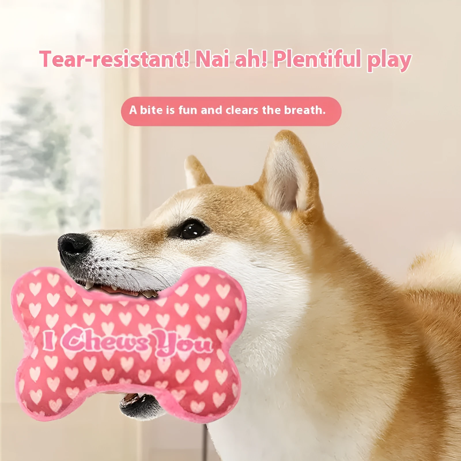 Soft plush dog chew toy with a squeaker, in a choice of bone and heart-themed colours.