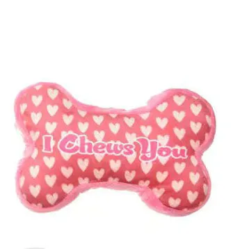 Soft plush dog chew toy with a squeaker, in a choice of bone and heart-themed colours.