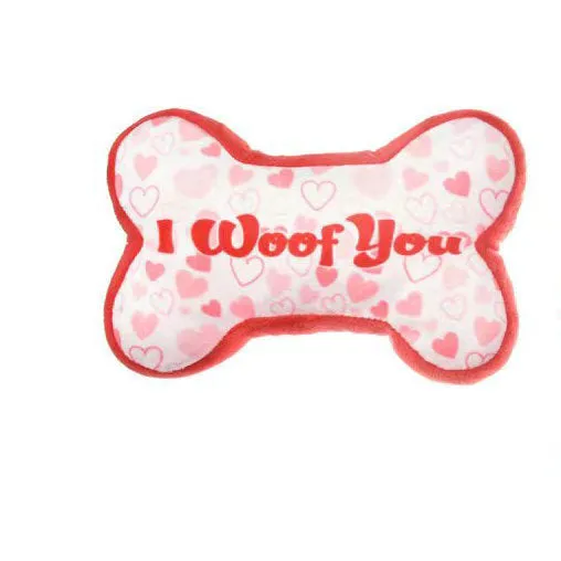 Soft plush dog chew toy with a squeaker, in a choice of bone and heart-themed colours.