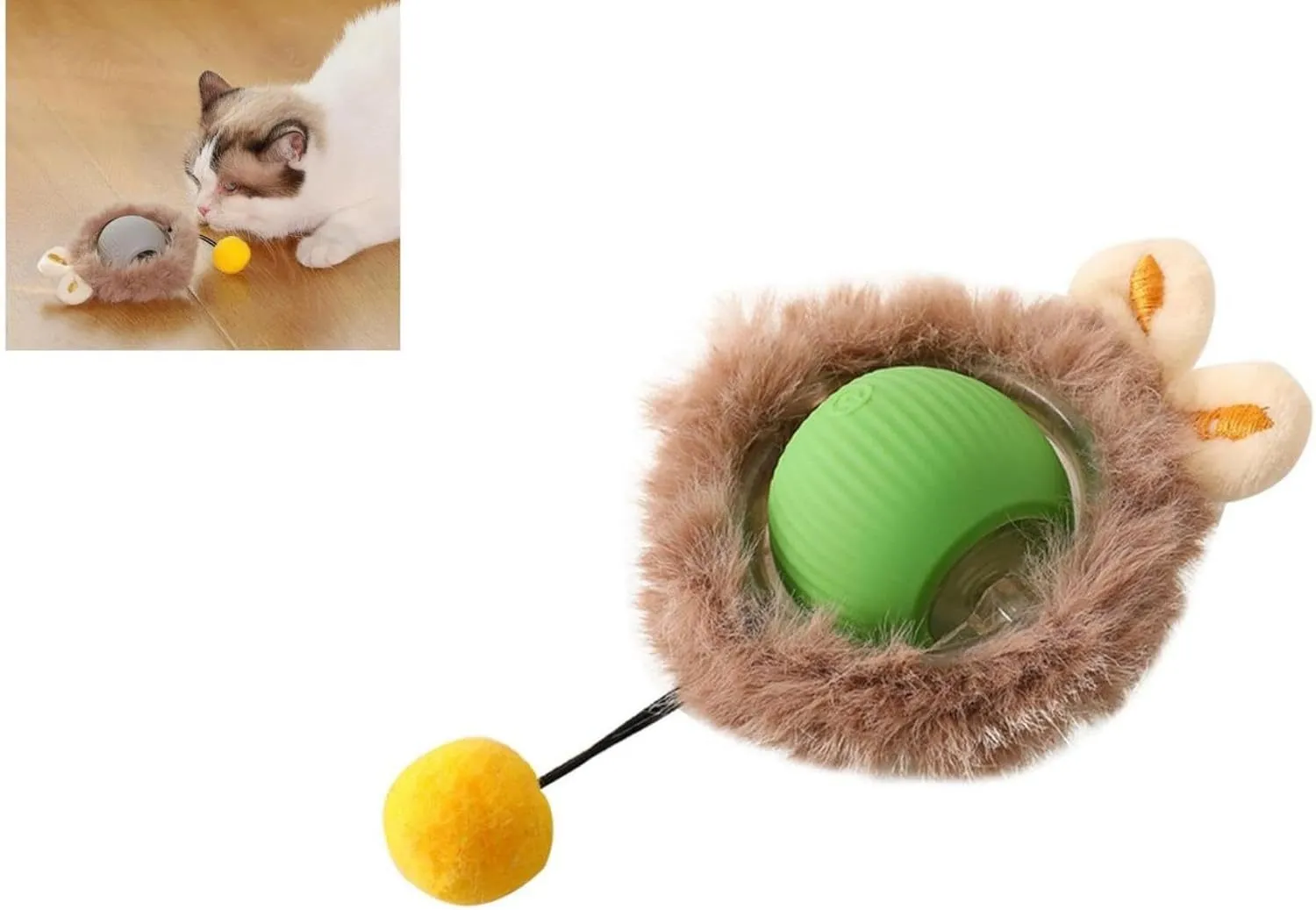 Automatic rolling ball pet toy with string in grey, green, or red colours