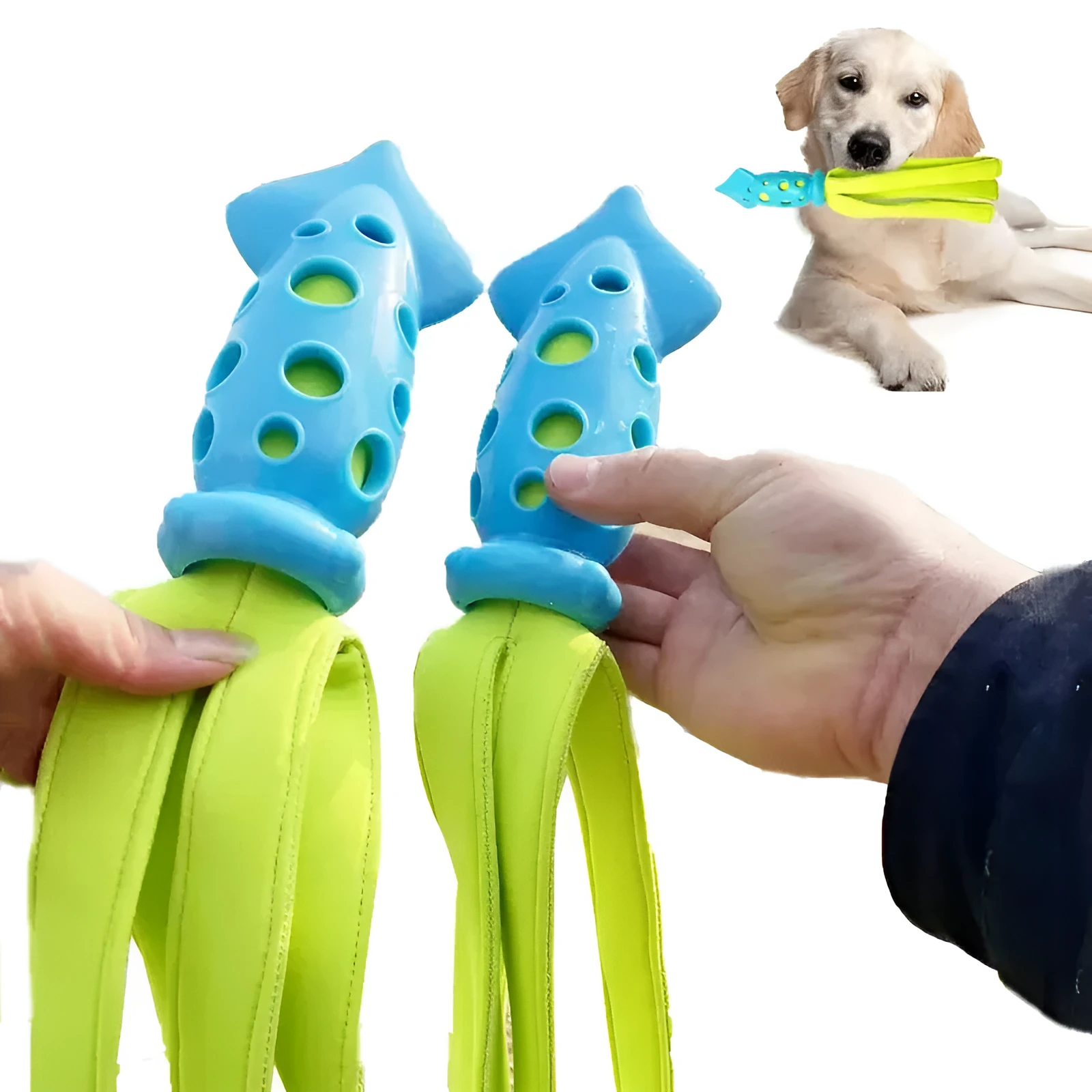 Blue cuttlefish-shaped dog chew toy with textured surface and squeaker for teeth cleaning