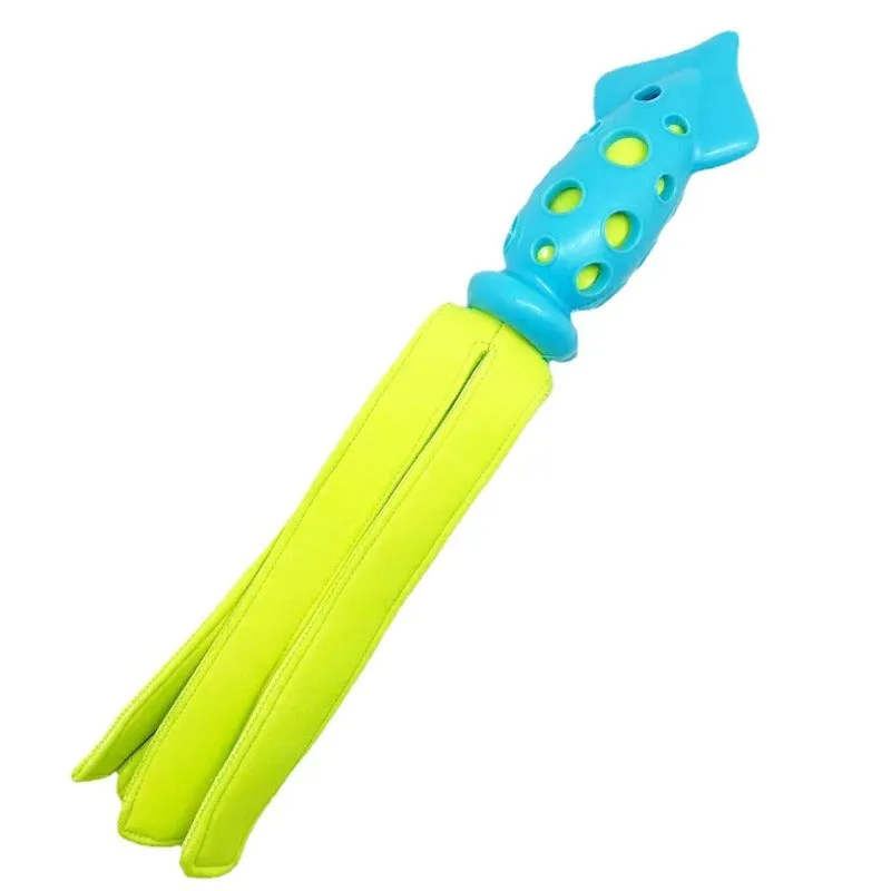 Blue cuttlefish-shaped dog chew toy with textured surface and squeaker for teeth cleaning