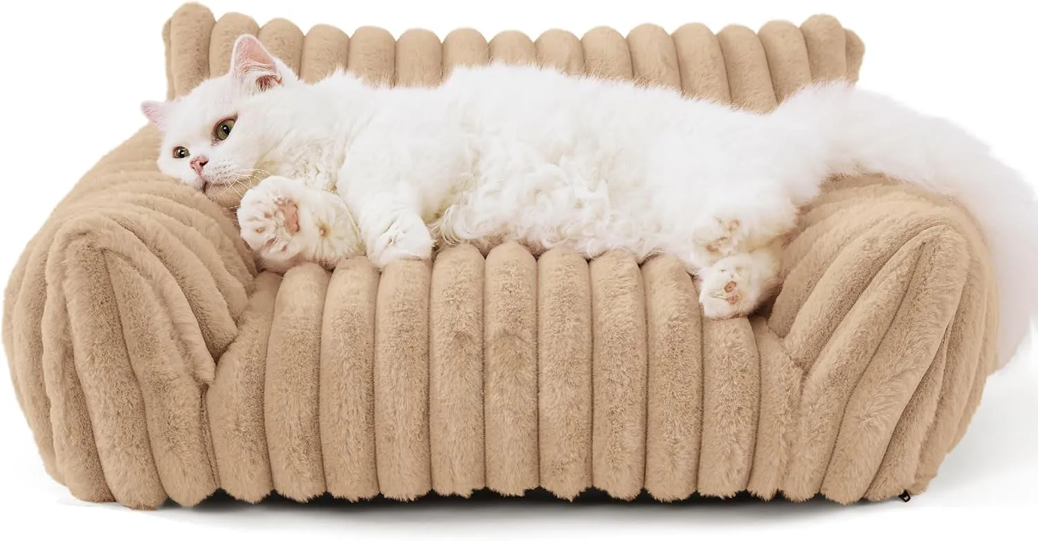 Bedsure corduroy fleece cat couch pet sofa with removable cover in beige colour
