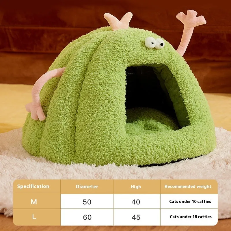 Monster-shaped semi-enclosed cat kennel bed with removable cushion in yellow, purple, or green colours