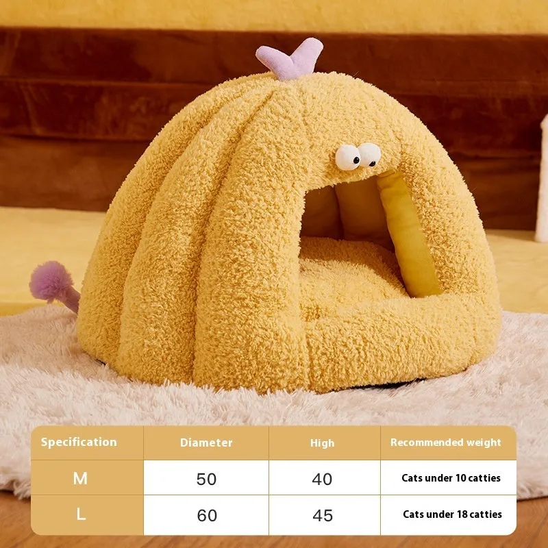 Monster-shaped semi-enclosed cat kennel bed with removable cushion in yellow, purple, or green colours