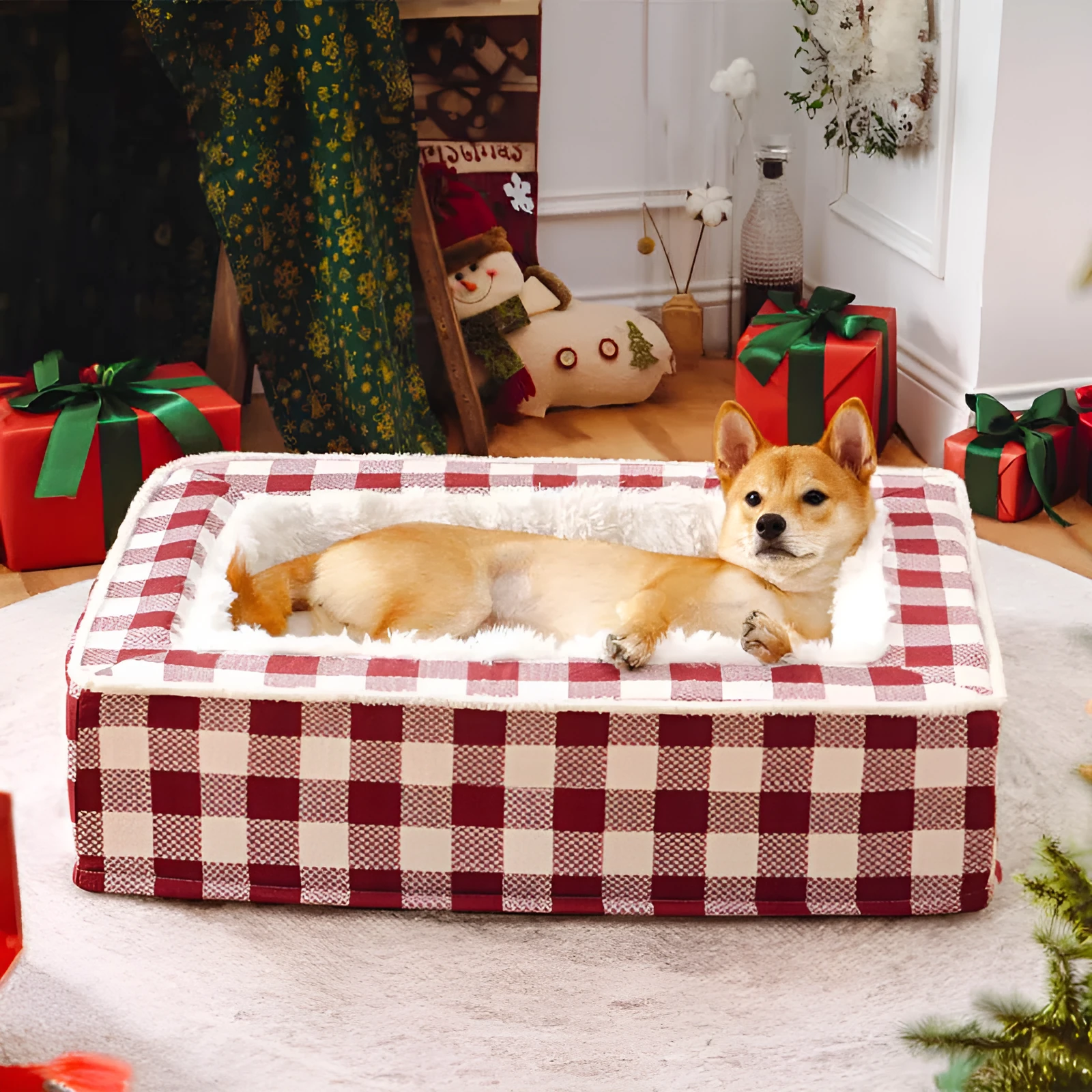 Classic plaid dog kennel cushion with removable washable cover in red, blue, black, and brown colour options.
