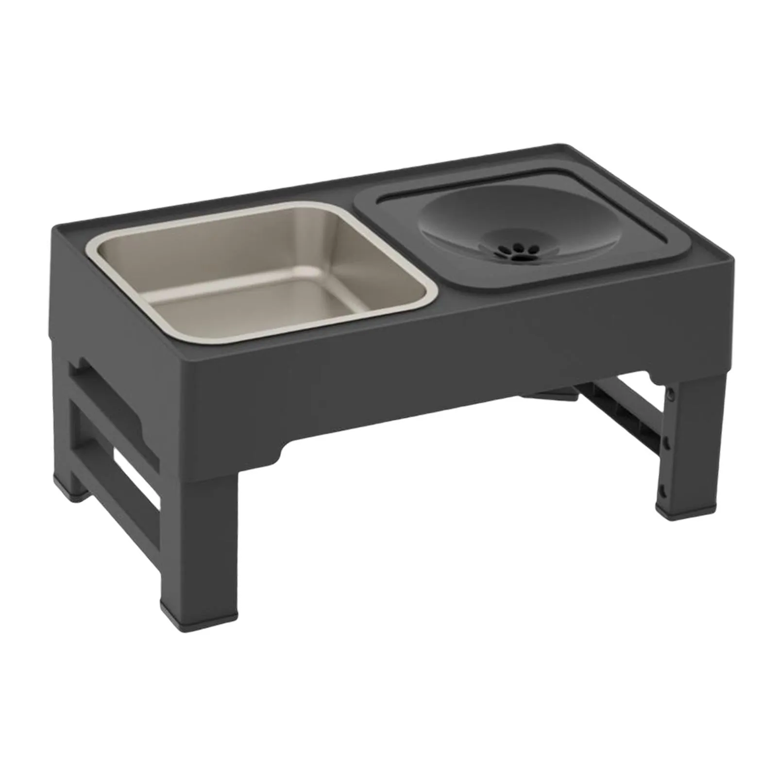 Adjustable elevated dog feeding stand with slow feeder bowl and water bowl on anti-skid legs.