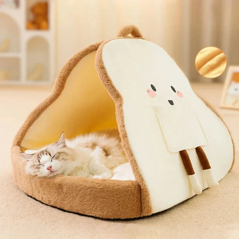 Green winter cat tent with blanket inside showing deep cave design for pet sleeping