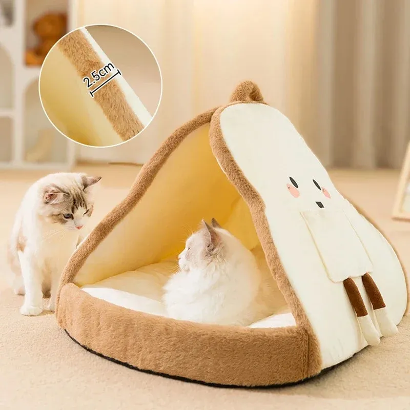 Green winter cat tent with blanket inside showing deep cave design for pet sleeping