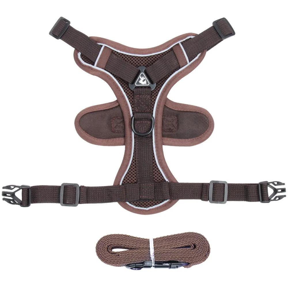 Adjustable soft mesh cat harness and leash set with reflective strips shown in blue, coffee, and grey colours.