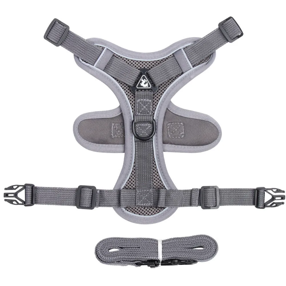 Adjustable soft mesh cat harness and leash set with reflective strips shown in blue, coffee, and grey colours.