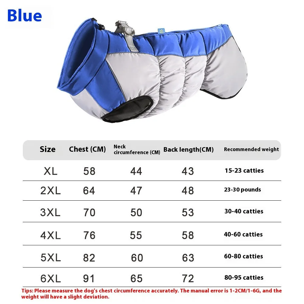 Large dog wearing a blue reflective waterproof winter coat with polar fleece lining.
