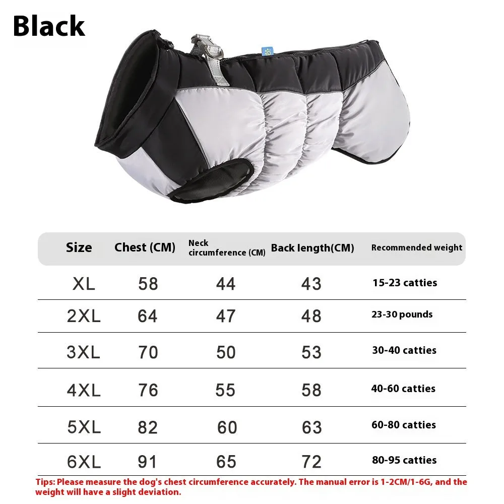 Large dog wearing a blue reflective waterproof winter coat with polar fleece lining.