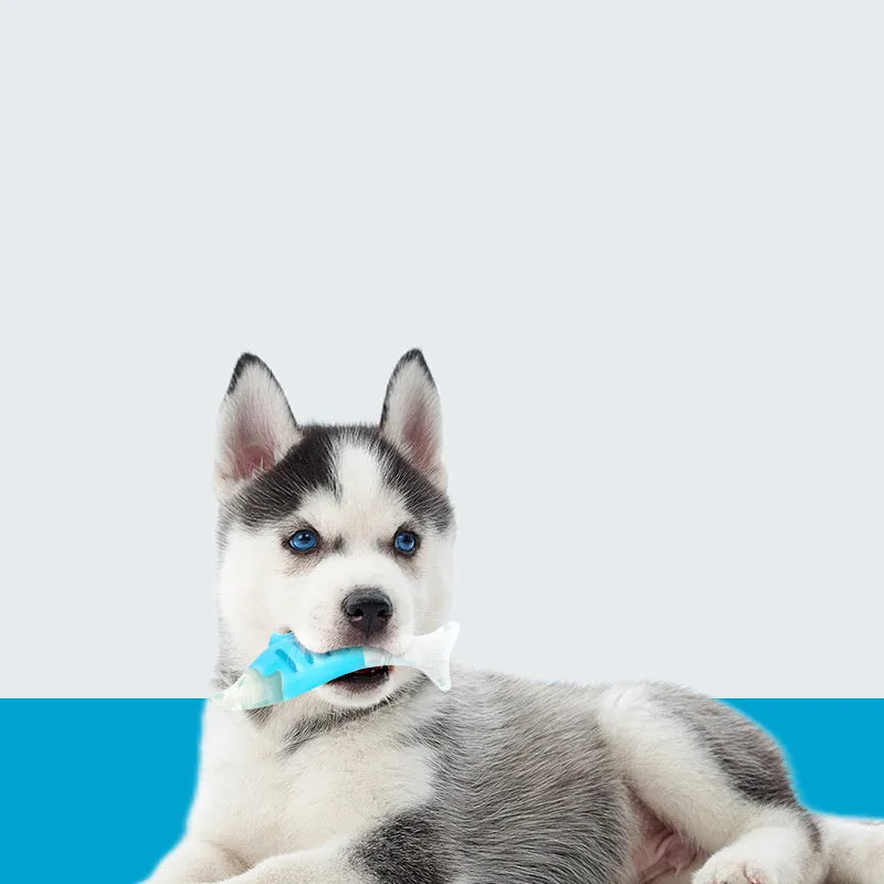Two PU nylon dog chewing toys: a blue seahorse and an orange tuna on a white background