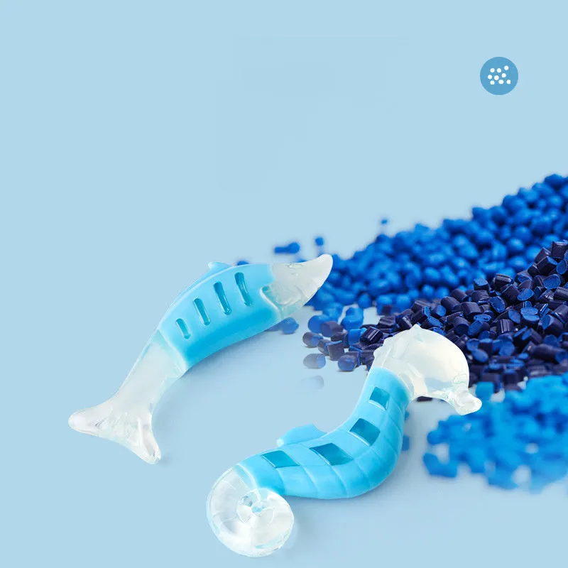 Two PU nylon dog chewing toys: a blue seahorse and an orange tuna on a white background