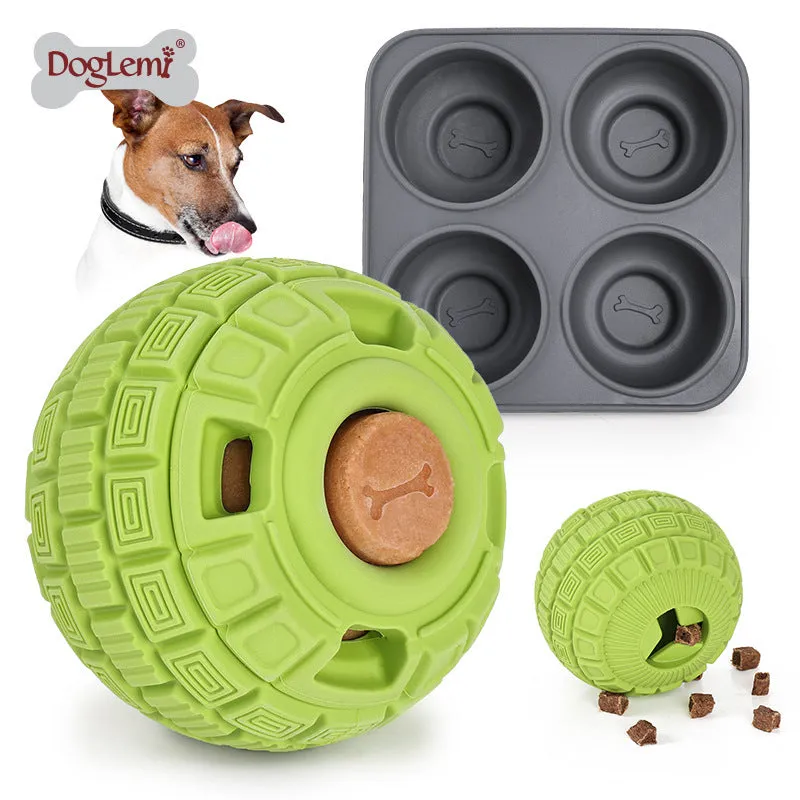 Green and orange natural rubber food dropping ball pet toy measuring 14cm