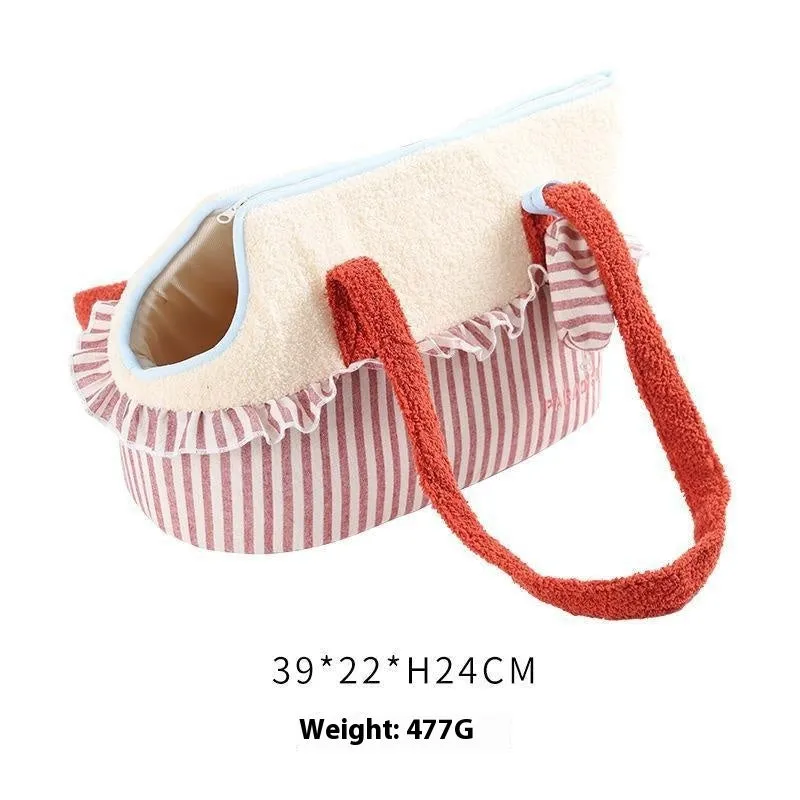 Shoulder cat bag with cartoon vertical stripes in green, red, and yellow colours for small pet transport