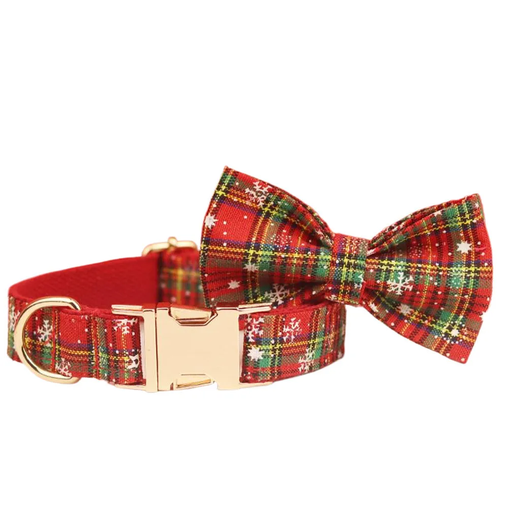 Red snowflake pattern Christmas dog collar leash vest bow four-piece set with plaid design