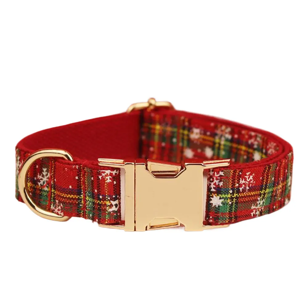 Red snowflake pattern Christmas dog collar leash vest bow four-piece set with plaid design