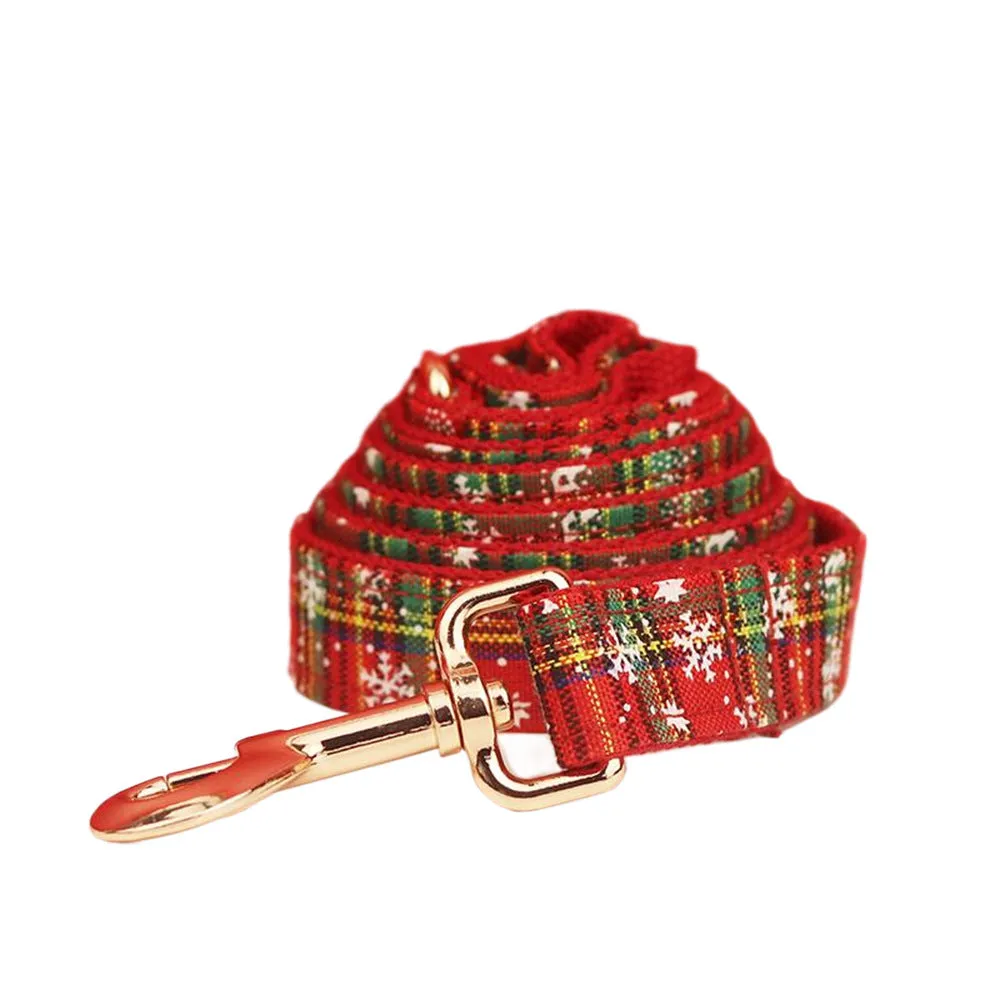 Red snowflake pattern Christmas dog collar leash vest bow four-piece set with plaid design