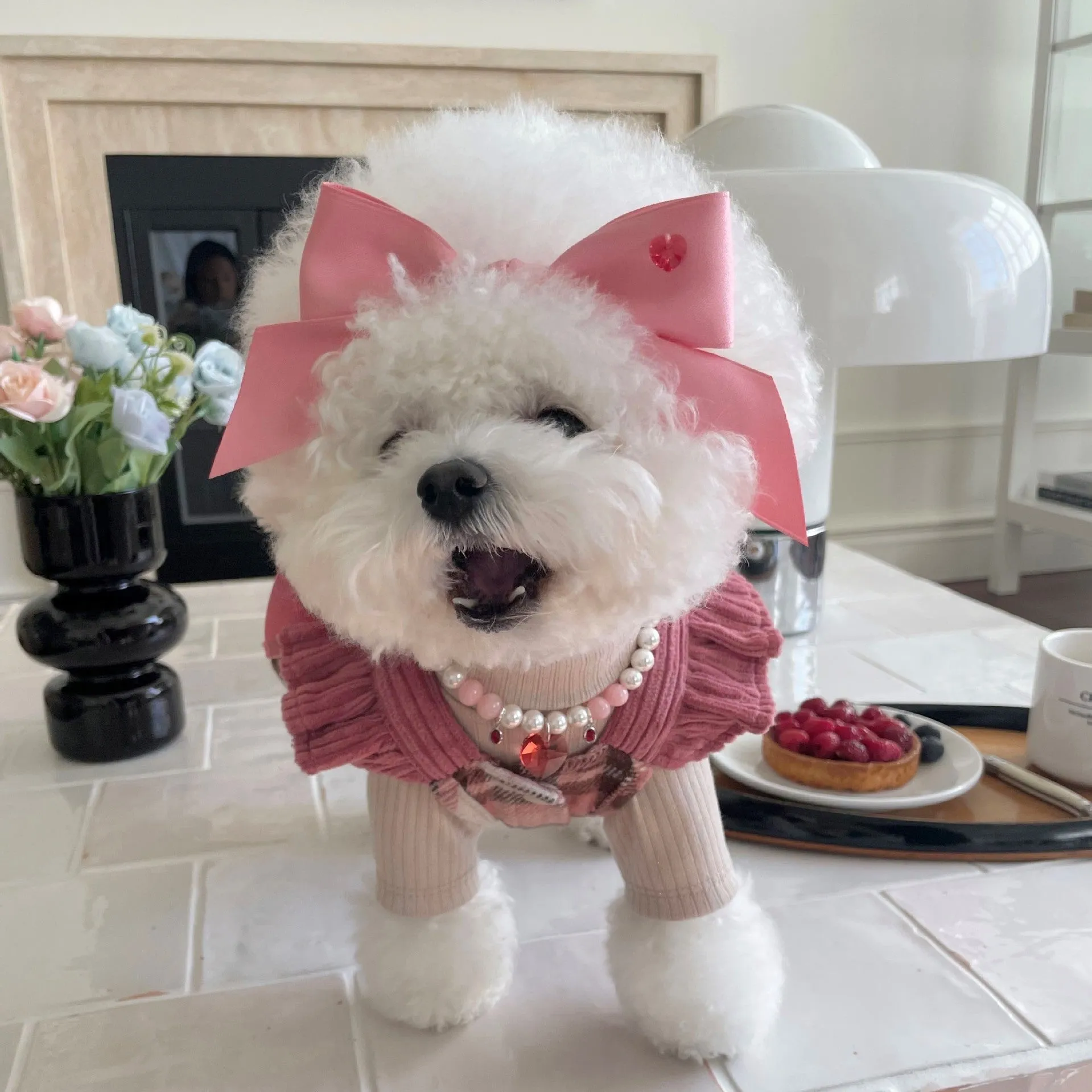 Blue princess-style adjustable bow hair band for dogs on a white background.