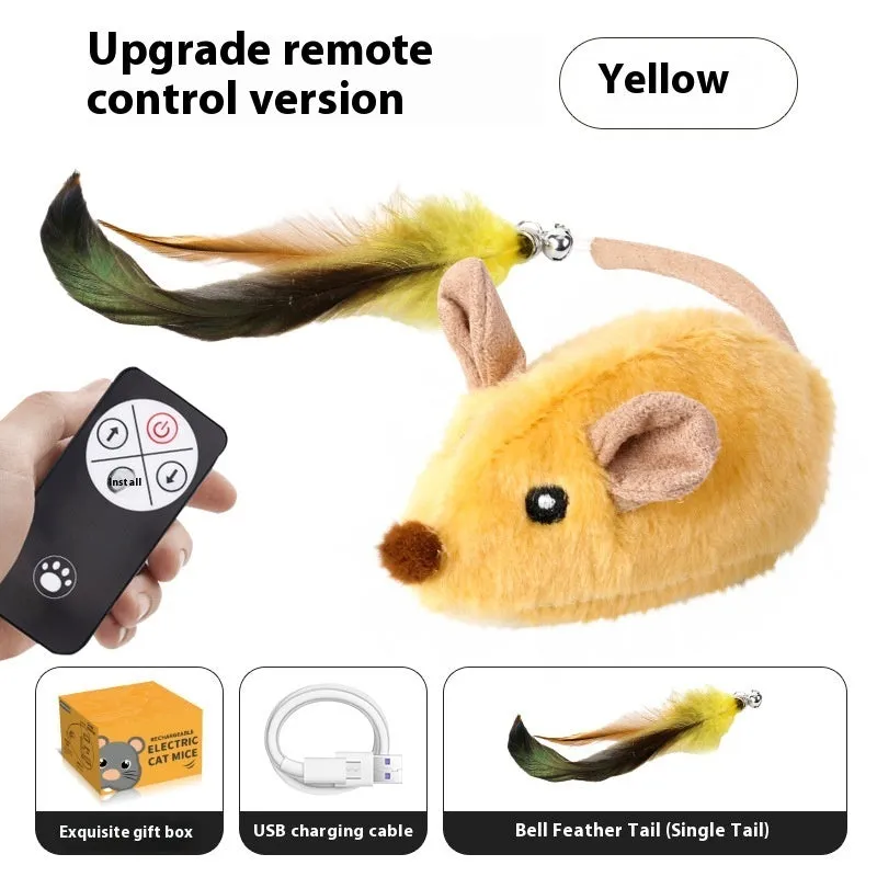 Grey charging simulation electric mouse cat toy with double tail decoration and feather attachment